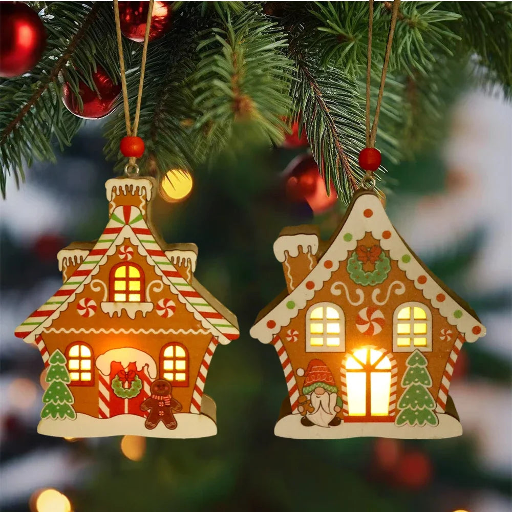 Christmas Night Lights Wooden House Pendant Gingerbread Man Hanging Ornaments for Home Party Xmas Trees Decoration Holiday Light