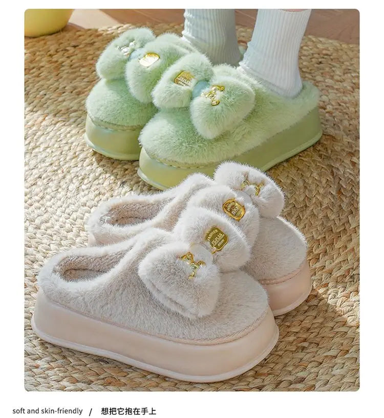 Pink clog slippers with fur slides women's indoor kawaii bowknot mules woman winter 6 cm platform fluffy home slippers ladies
