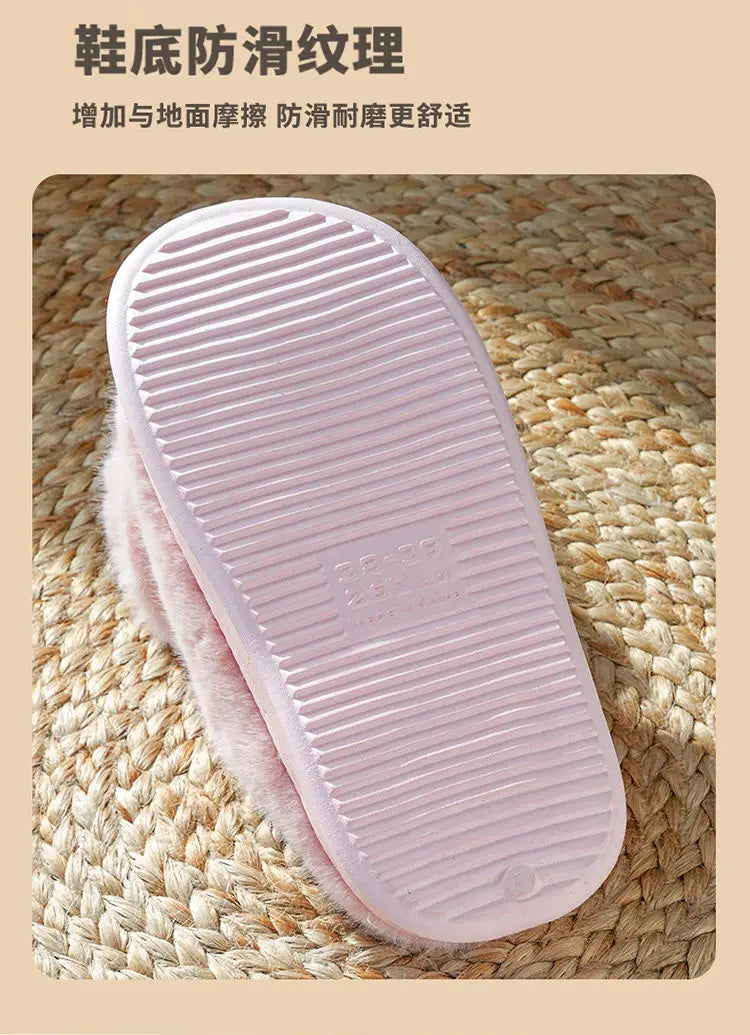 Pink clog slippers with fur slides women's indoor kawaii bowknot mules woman winter 6 cm platform fluffy home slippers ladies
