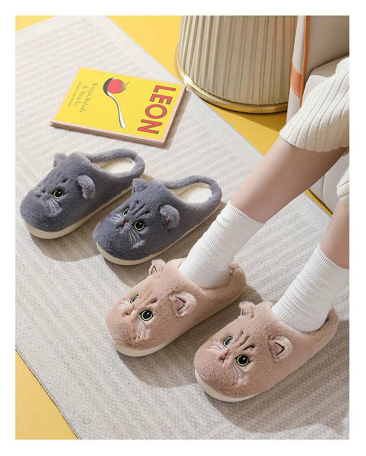 New Winter Women Lovely Cat Plush Slippers Warm Shoes Slides Cute Cartoon Cat Fuzzy Slippers Men Soft Footwear Home Cotton Shoes