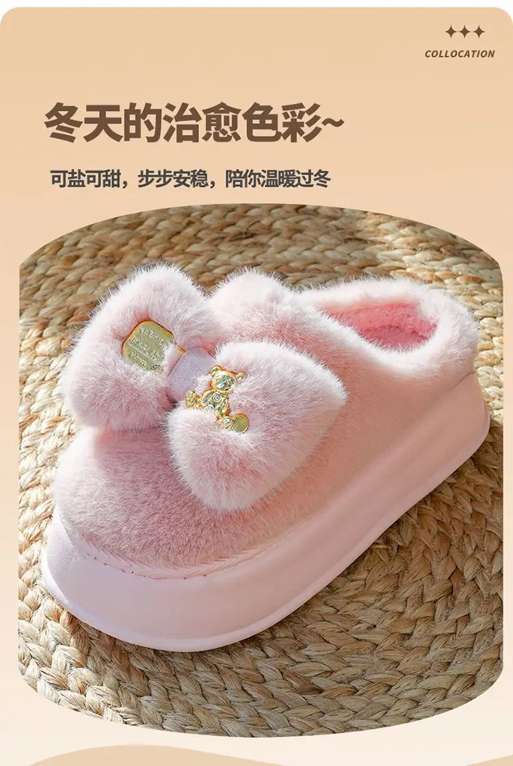 Pink clog slippers with fur slides women's indoor kawaii bowknot mules woman winter 6 cm platform fluffy home slippers ladies