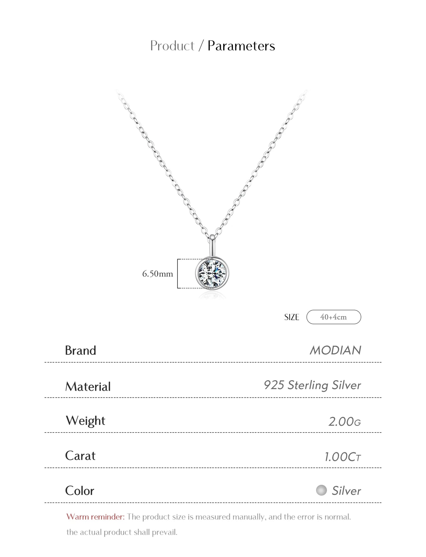 MODIAN 1 Carat D Color Round Bezel Setting Moissanite Pendant Necklace 925 Silver Lab Diamond Women Jewelry With Certificate Box