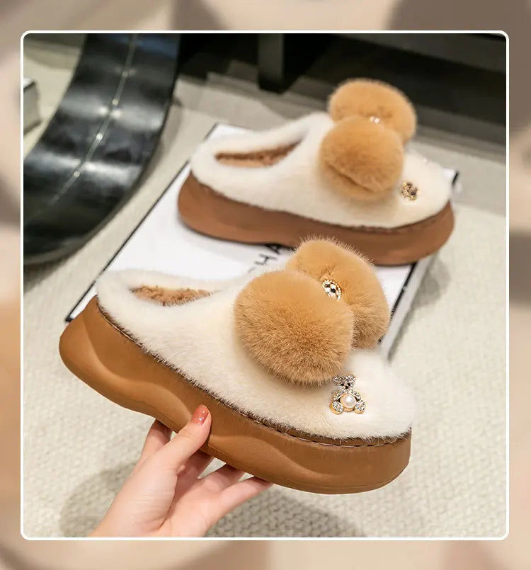 Pink clog slippers with fur slides women's indoor kawaii bowknot mules woman winter 6 cm platform fluffy home slippers ladies