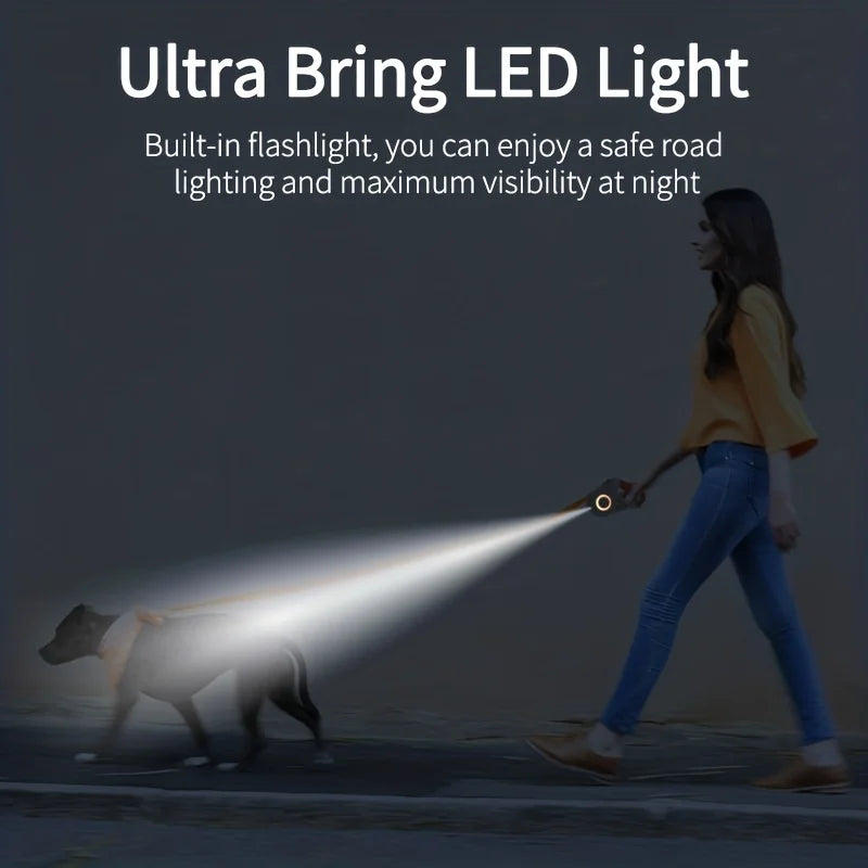 Retractable Dog Leash with Flashlight Front Safety Led Light 360°Tangle Free Training Leash