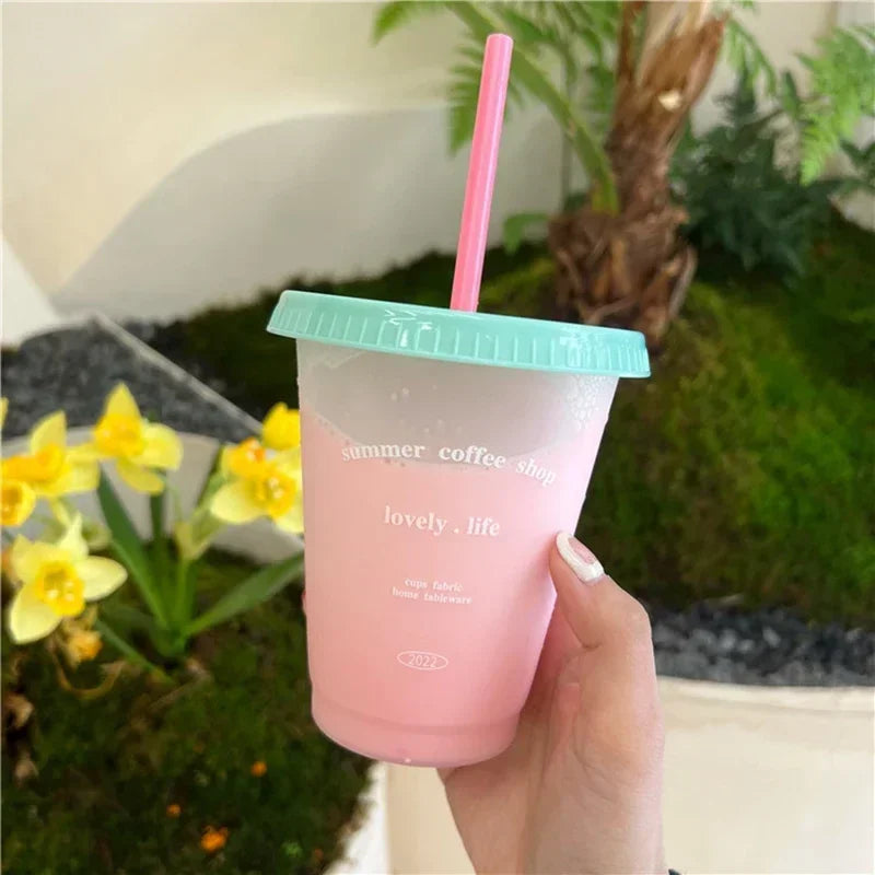 470/700ml Cute Korean Style PP Material Portable Water Bottle Coffee Juice Milk Tea Cup Plastic Cool Cup with Lid Straw Reusable