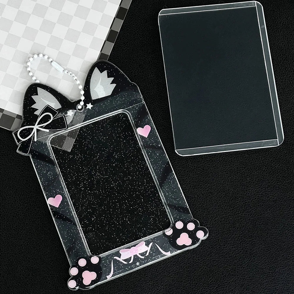 Cute Cat Photocard Holder Glitter Transparent Idol 3 Inch Photo Card Sleeves PVC Student ID Bus Card Case Keychain Bag Pendant