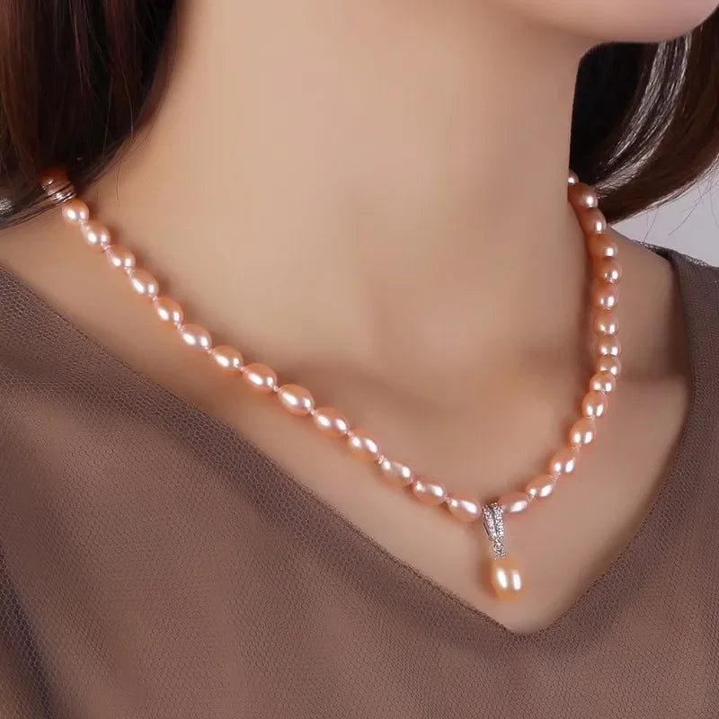 Dainashi 925 Sterling Silver Pearl Necklace,White/Pink/Purple Natural Freshwater Pearl,6-7/8-9 mm,45cm+5cm Length,Fine Jewelry