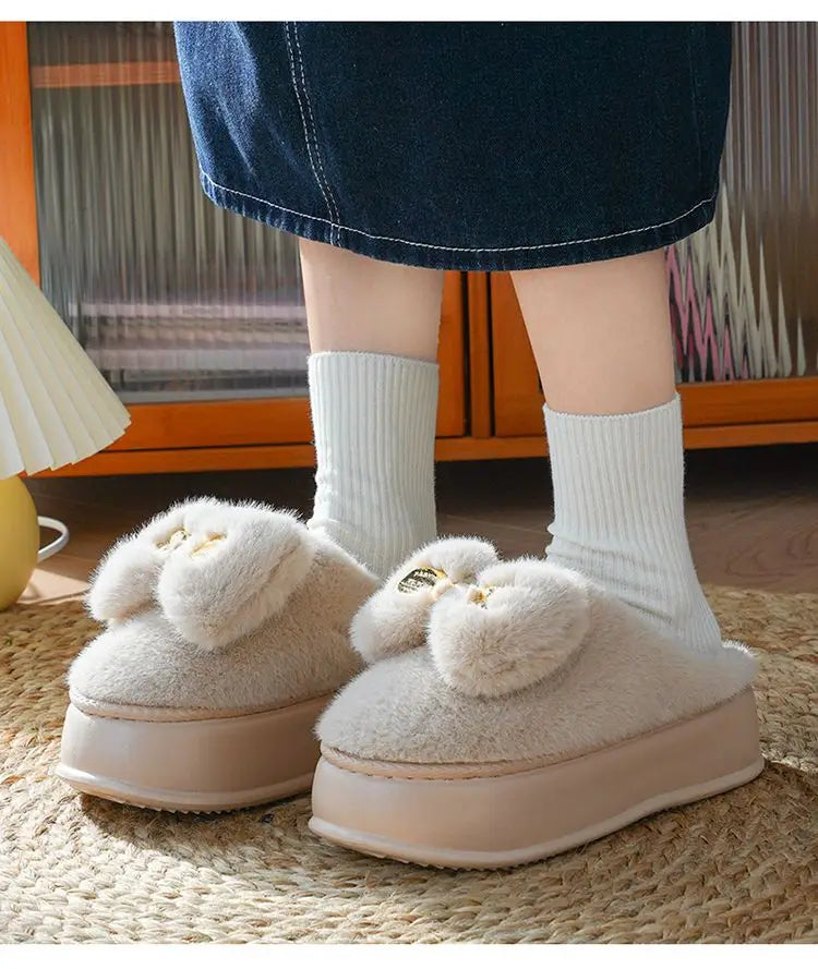 Pink clog slippers with fur slides women's indoor kawaii bowknot mules woman winter 6 cm platform fluffy home slippers ladies
