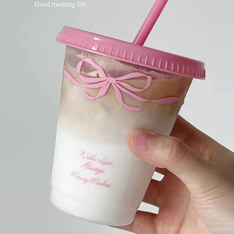 Kawaii Water Cup With Lid Straw For Coffee Juice Milk Tea Cute Plastic Water Bottle Portable Reusable Drinking Bottles BPA Free