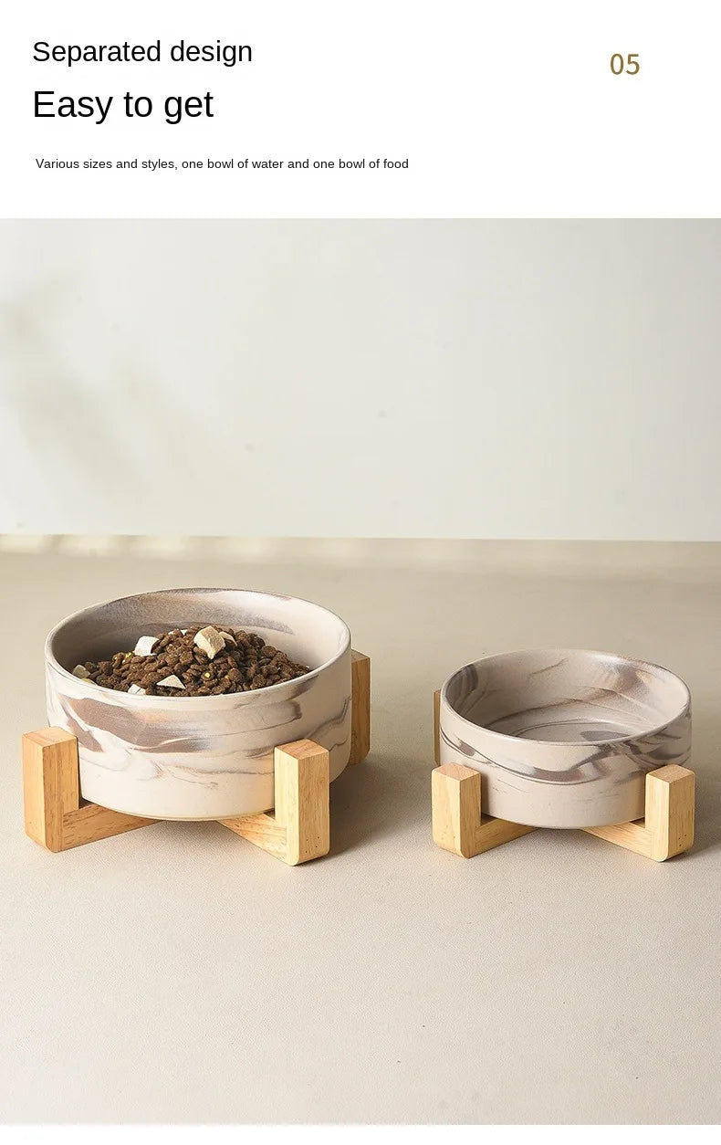 Marbling Ceramic Cat and Dog Bowl Medium Large Dog Feeding and Feeding Double Bowl with Wooden Rack Pet Puppy Accessories