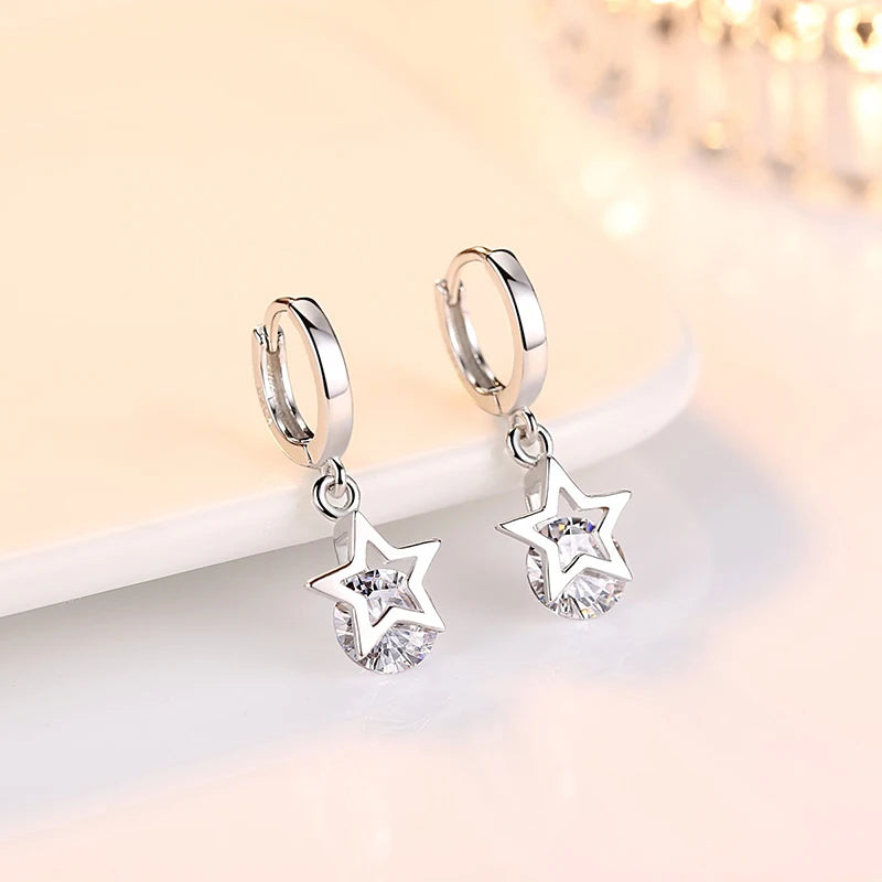 Genuine 925 Sterling Silver Woman's Original Jewelry Crystal Zircon Star Drop Earrings XY0069