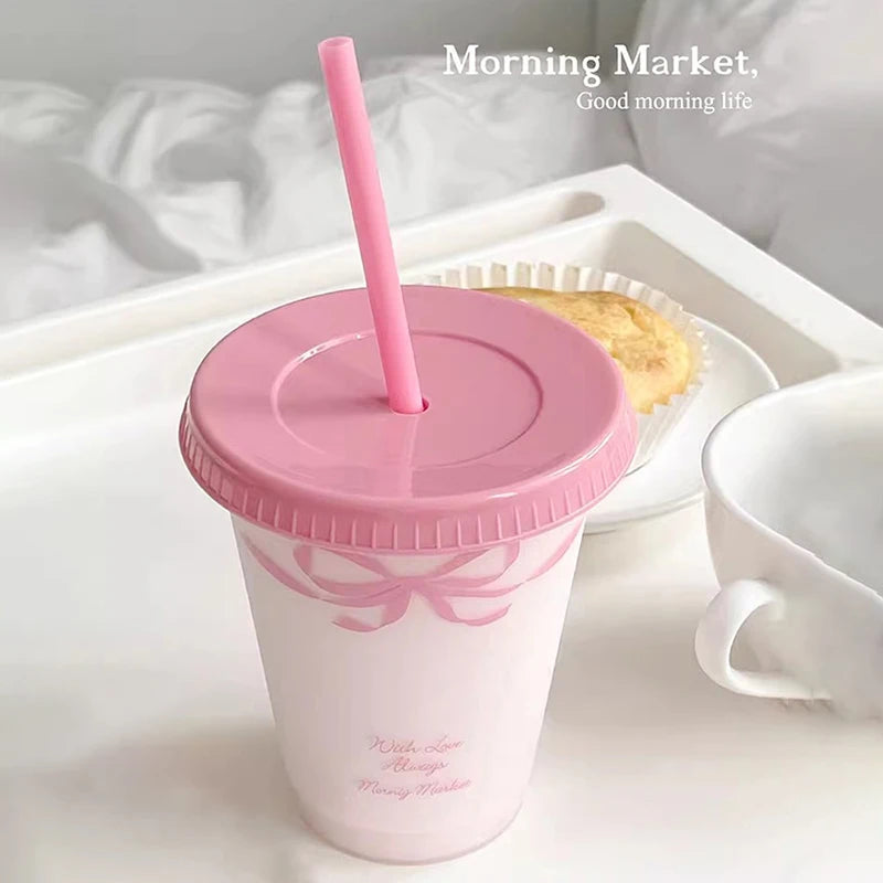 Kawaii Water Cup With Lid Straw For Coffee Juice Milk Tea Cute Plastic Water Bottle Portable Reusable Drinking Bottles BPA Free