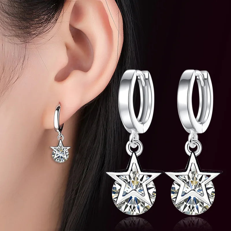 Genuine 925 Sterling Silver Woman's Original Jewelry Crystal Zircon Star Drop Earrings XY0069