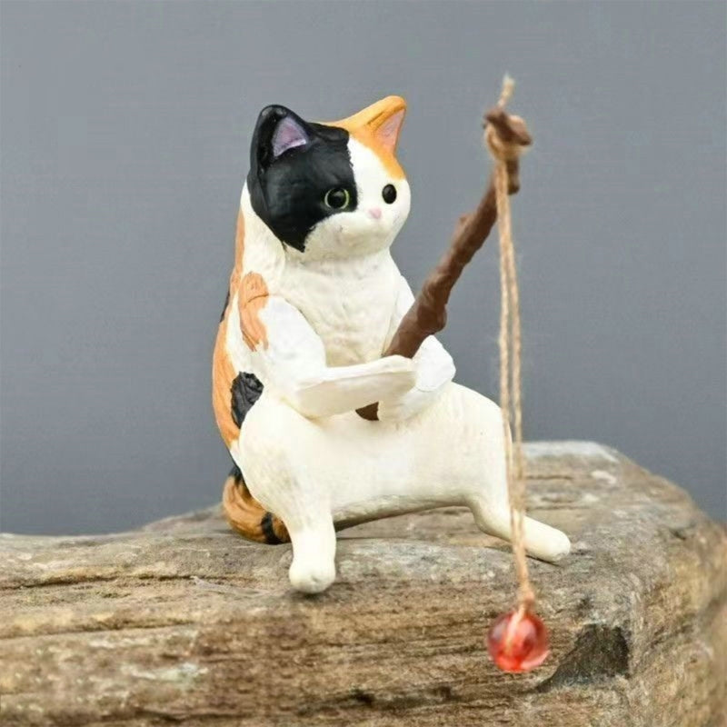 Fishing Cat Figurine Fishtanks Landscaping Ornament Aquariums Pendant Home Decor for Freshwater Saltwater Drop Shipping