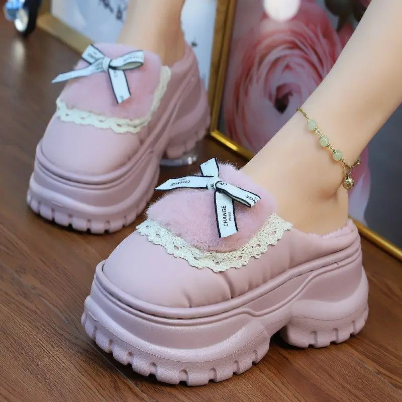 New green bow slippers winter women's 2024 shoes thick sole fuzzy slippers for home mules shoes woman fluffy metal house slipper