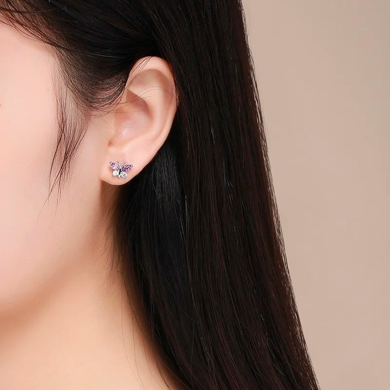 Cute 925 Sterling Silver Butterfly Pink CZ Screw Back Stud Earrings For Women Child Girls Kids Jewellery Orecchini Aros Aretes