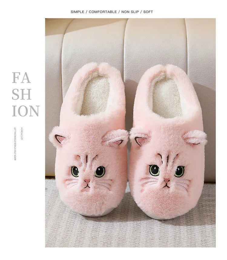 New Winter Women Lovely Cat Plush Slippers Warm Shoes Slides Cute Cartoon Cat Fuzzy Slippers Men Soft Footwear Home Cotton Shoes