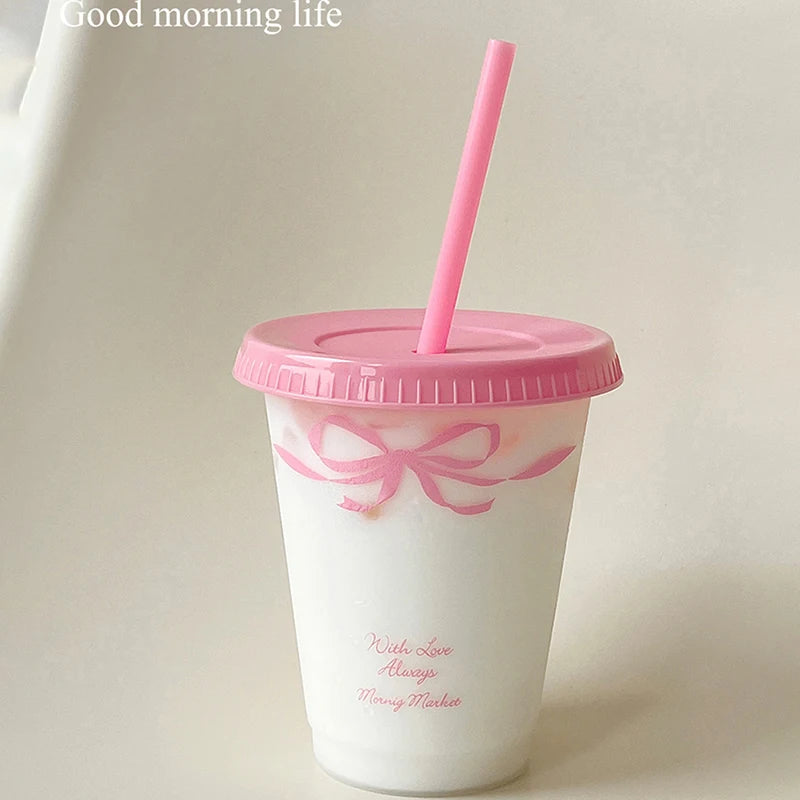 Kawaii Water Cup With Lid Straw For Coffee Juice Milk Tea Cute Plastic Water Bottle Portable Reusable Drinking Bottles BPA Free