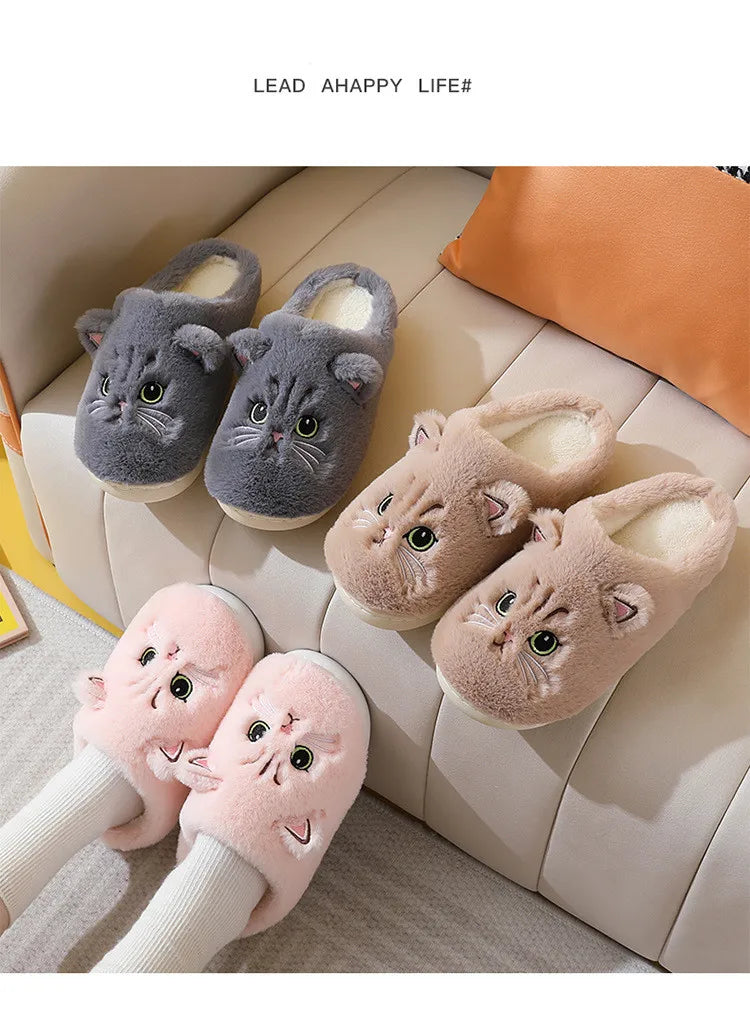 New Winter Women Lovely Cat Plush Slippers Warm Shoes Slides Cute Cartoon Cat Fuzzy Slippers Men Soft Footwear Home Cotton Shoes