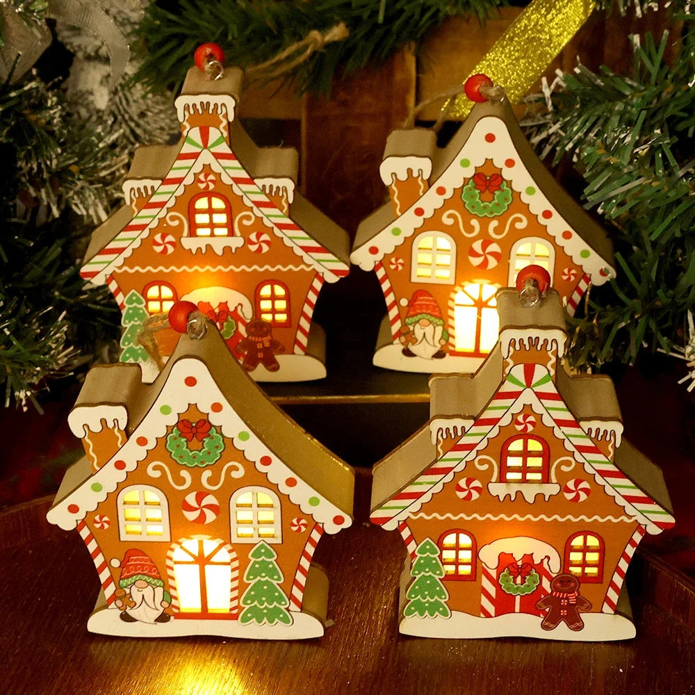 Christmas Night Lights Wooden House Pendant Gingerbread Man Hanging Ornaments for Home Party Xmas Trees Decoration Holiday Light