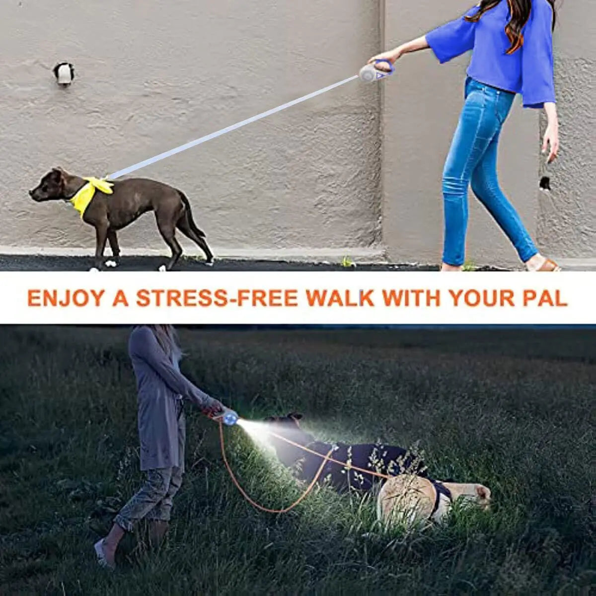 Retractable Dog Leash with Flashlight Front Safety Led Light 360°Tangle Free Training Leash