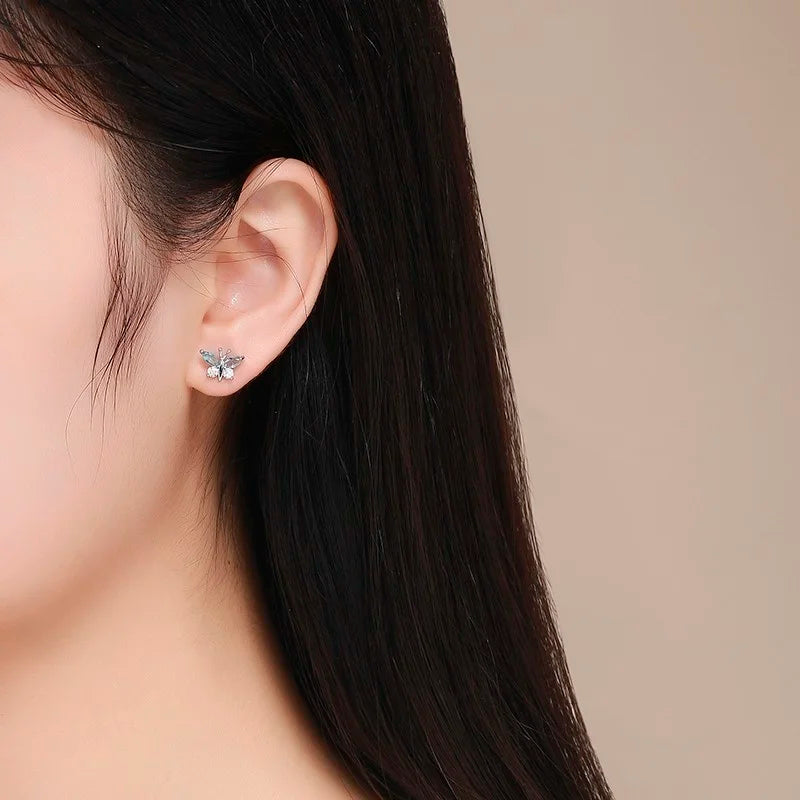 Cute 925 Sterling Silver Butterfly Pink CZ Screw Back Stud Earrings For Women Child Girls Kids Jewellery Orecchini Aros Aretes