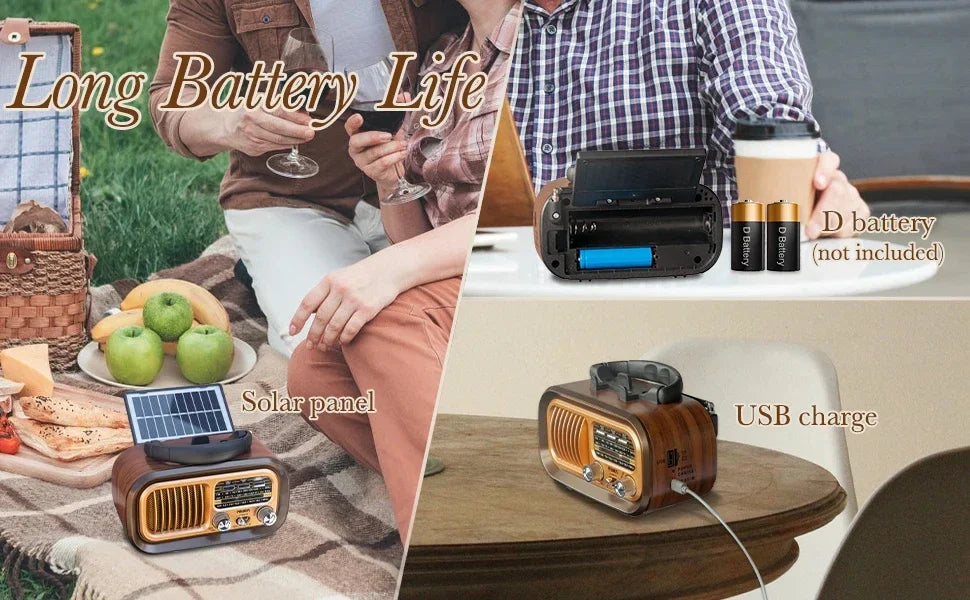 Mini Wooden Radio With Solar Panel Am Fm Sw Three Band Stereo Multi Functional Music Player Retro Portable Bluetooth Speaker
