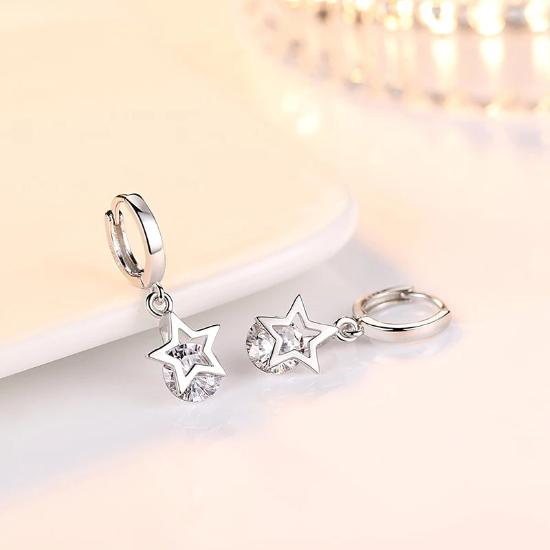 Genuine 925 Sterling Silver Woman's Original Jewelry Crystal Zircon Star Drop Earrings XY0069