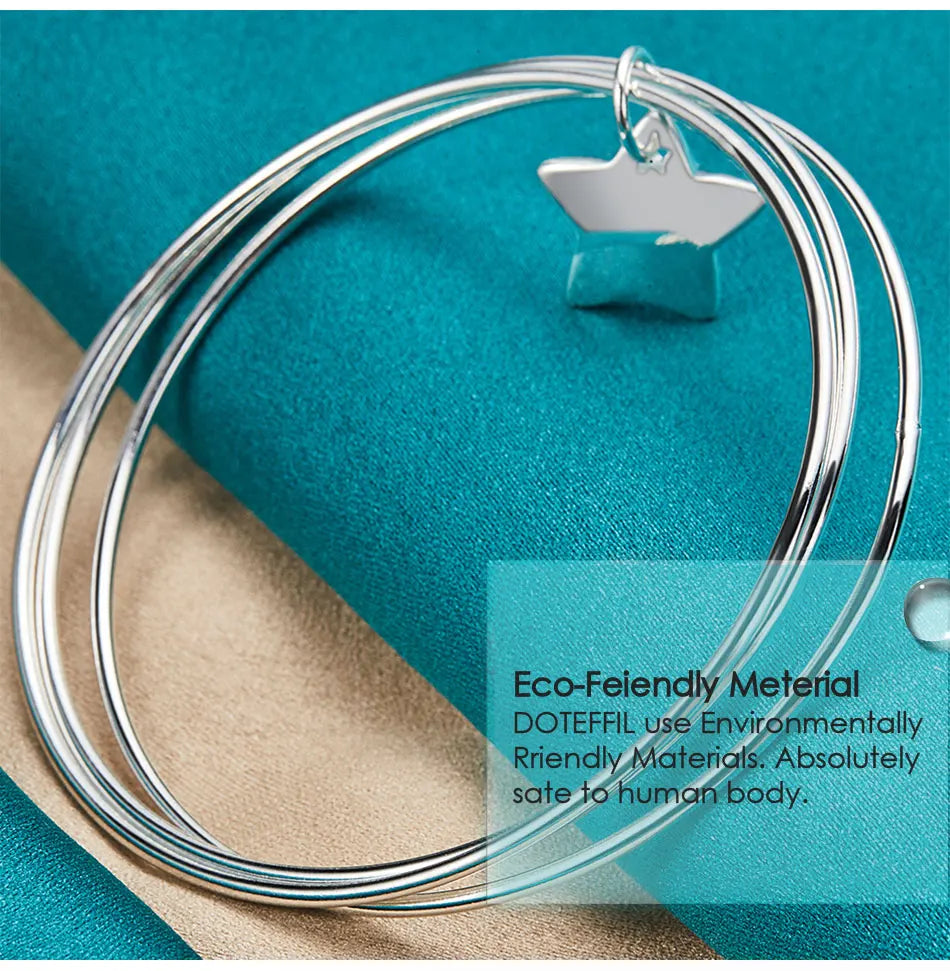 DOTEFFIL 925 Sterling Silver Three Circle Star Bangle Bracelet For Woman Man Wedding Engagement Fashion Charm Party Jewelry