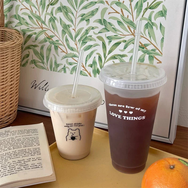 470/700ml Cute Korean Style PP Material Portable Water Bottle Coffee Juice Milk Tea Cup Plastic Cool Cup with Lid Straw Reusable