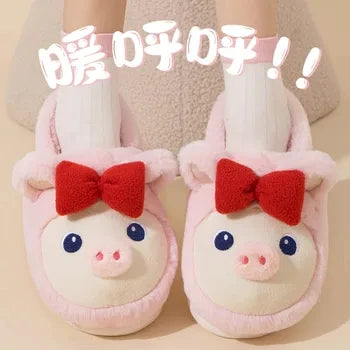 Pink clog slippers with fur slides women's indoor kawaii bowknot mules woman winter 6 cm platform fluffy home slippers ladies