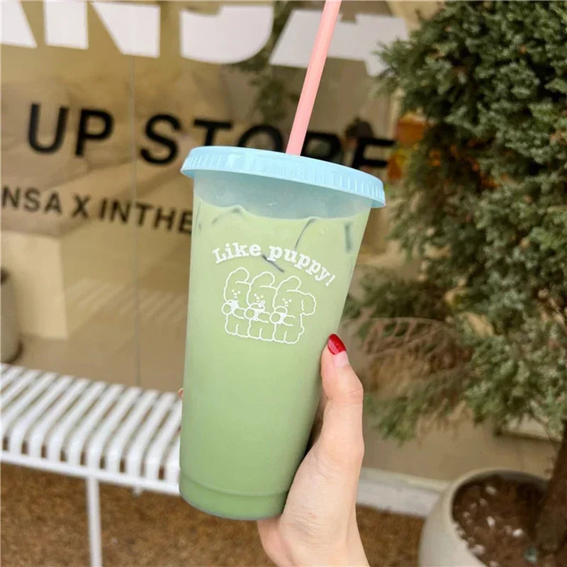 470/700ml Cute Korean Style PP Material Portable Water Bottle Coffee Juice Milk Tea Cup Plastic Cool Cup with Lid Straw Reusable