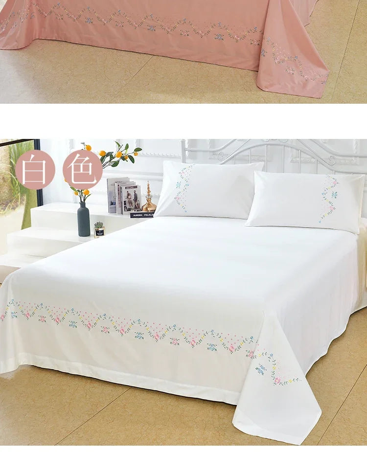 100% Cotton Greek Key Embroidery, 3-Piece Twin XL Kendell Bed Sheet Set, White/ Light Green/Pink