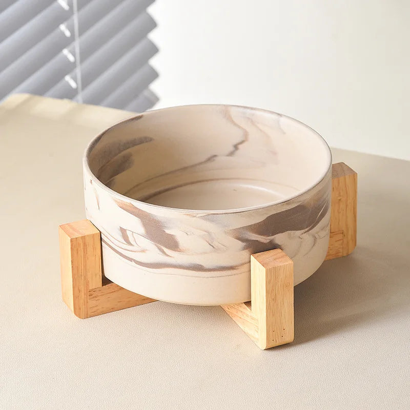 Marbling Ceramic Cat and Dog Bowl Medium Large Dog Feeding and Feeding Double Bowl with Wooden Rack Pet Puppy Accessories