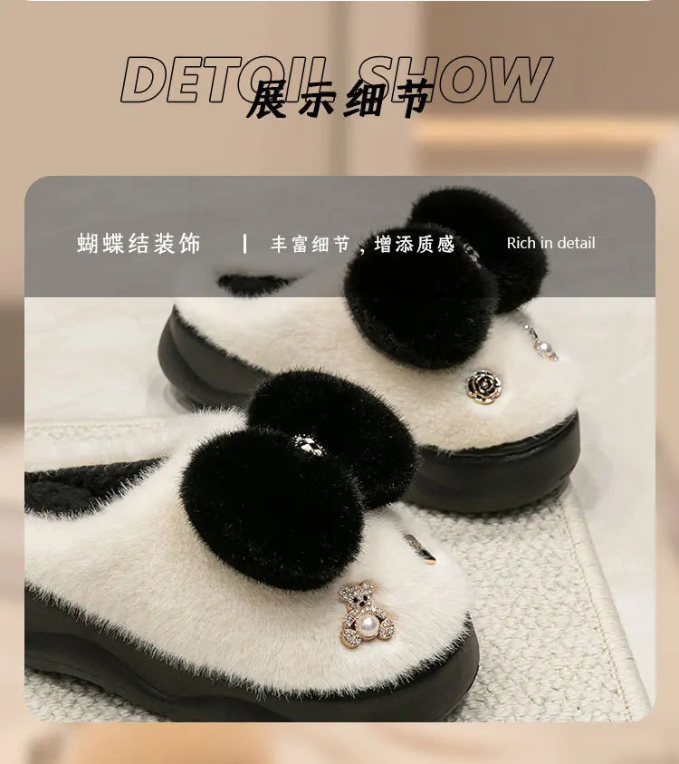Pink clog slippers with fur slides women's indoor kawaii bowknot mules woman winter 6 cm platform fluffy home slippers ladies