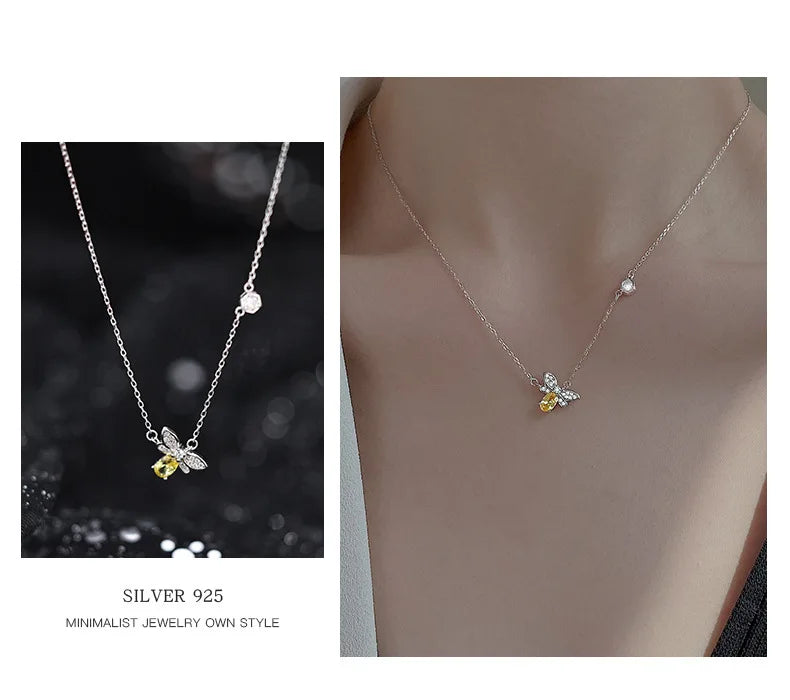 Fashion 925 Sterling Silver Small Bee Zircon Necklace Charm Animal Pendant Cute Clavicle Chains Fine Jewelry for Women