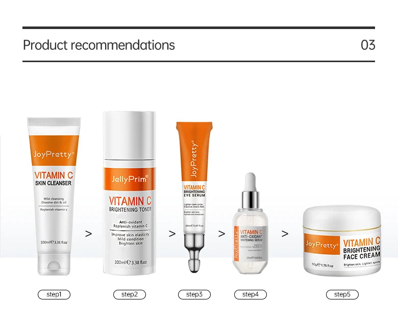 JoyPretty Vitamin C Face Skin Care Kit 5Pcs Whitening Cream for Dark Skin Serum Cleanser Facial Skin Lightening Moisturizing Set