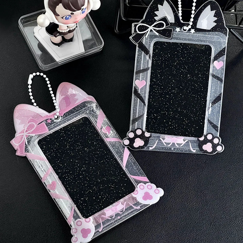 Cute Cat Photocard Holder Glitter Transparent Idol 3 Inch Photo Card Sleeves PVC Student ID Bus Card Case Keychain Bag Pendant