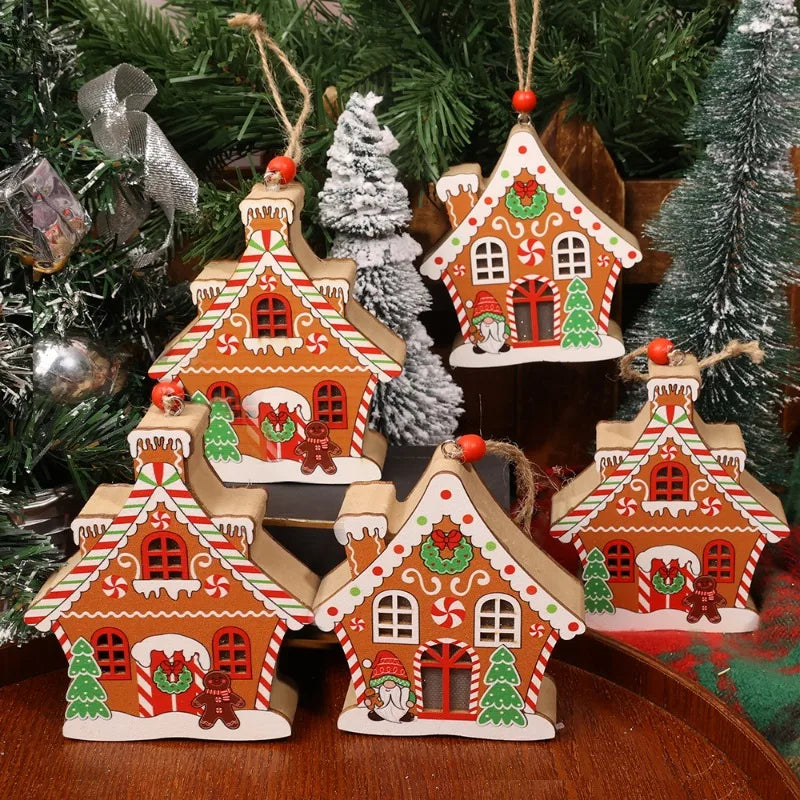 Christmas Night Lights Wooden House Pendant Gingerbread Man Hanging Ornaments for Home Party Xmas Trees Decoration Holiday Light
