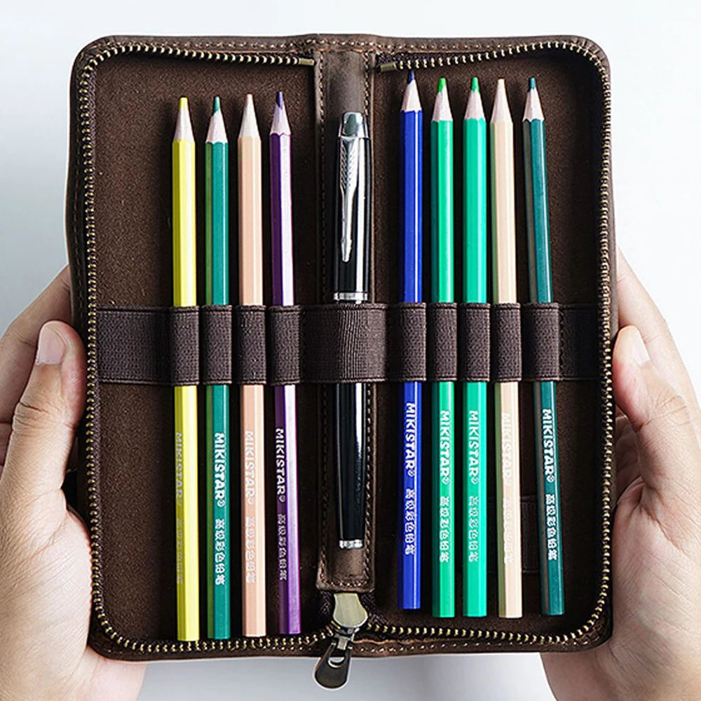 Genuine Leather Multi-functional Pencilcase with Pen Holder Organizer Zipper Pen Case Stationery