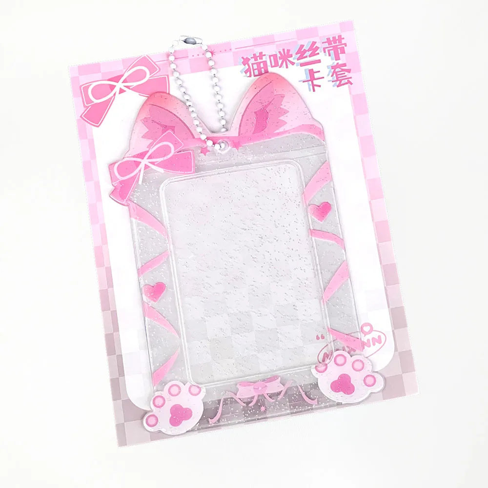 Cute Cat Photocard Holder Glitter Transparent Idol 3 Inch Photo Card Sleeves PVC Student ID Bus Card Case Keychain Bag Pendant