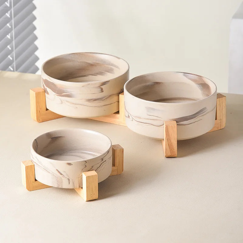 Marbling Ceramic Cat and Dog Bowl Medium Large Dog Feeding and Feeding Double Bowl with Wooden Rack Pet Puppy Accessories