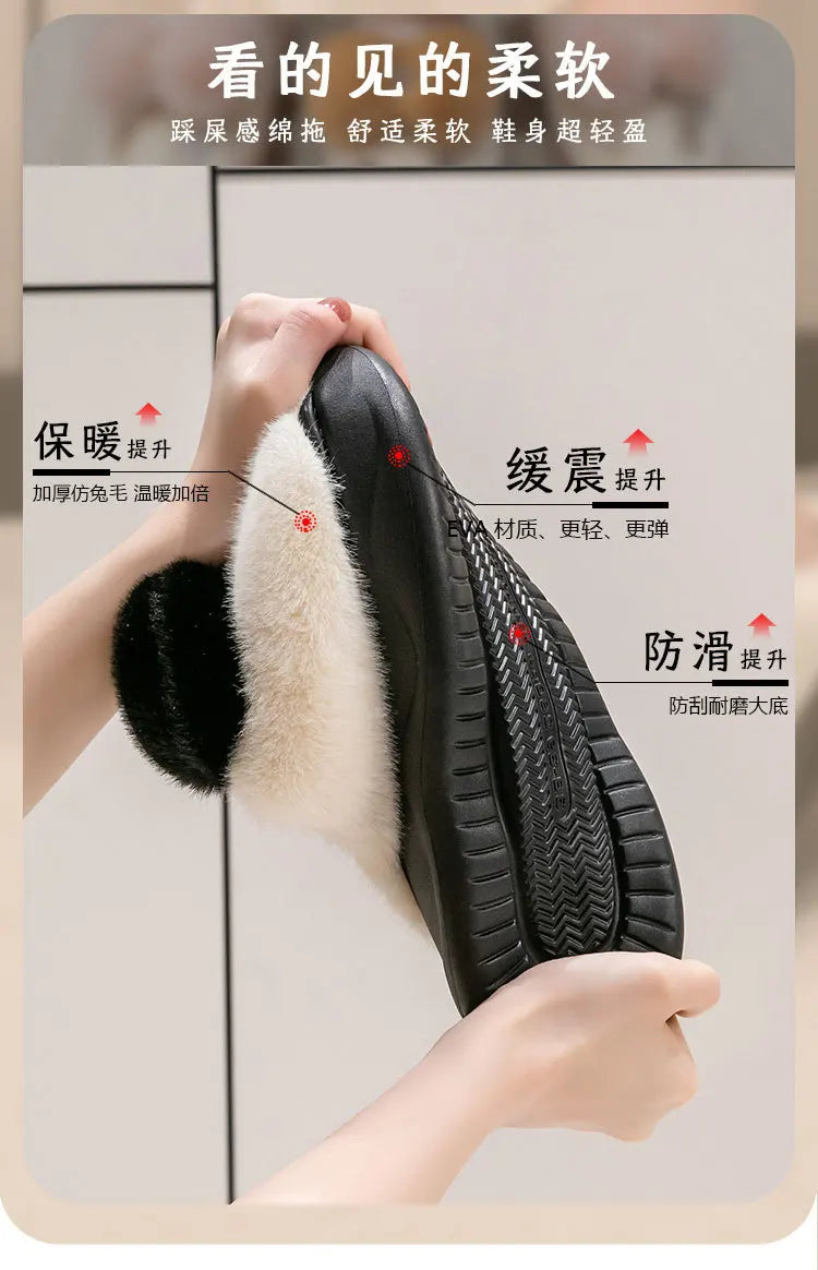 Pink clog slippers with fur slides women's indoor kawaii bowknot mules woman winter 6 cm platform fluffy home slippers ladies