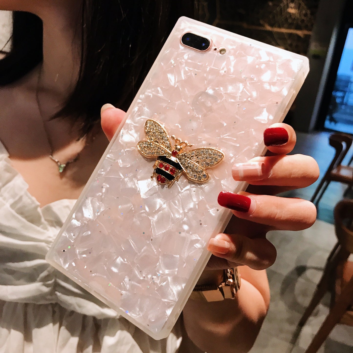 Compatible With Compatible With  Square Shell Mobile Phone Shell Drop Glue Bee Stick Drill Fashion Personality Hard Shell