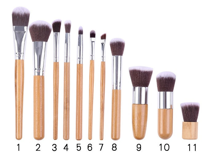 11 bamboo handles, makeup brush, tool set, linen bag, blush brush, foundation brush, and a full set of makeup.