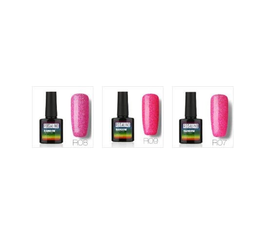 Nail free, long-lasting, non-toxic, nail polish, ROSALIND phototherapy glue, star studded rainbow system.