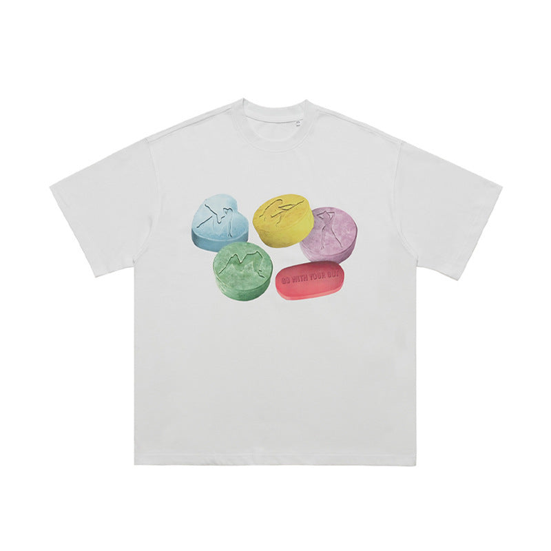Cotton Printed Round Neck Couple Top T-shirt With Short Sleeves