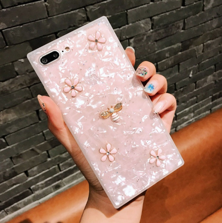 Compatible With Compatible With  Square Shell Mobile Phone Shell Drop Glue Bee Stick Drill Fashion Personality Hard Shell