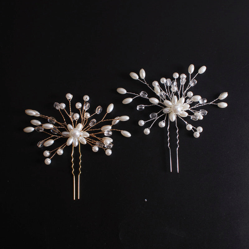 Korean Exquisite Pearl Comb Diamond Crystal Fork Handmade Hairpin Bridal Headwear Accessories