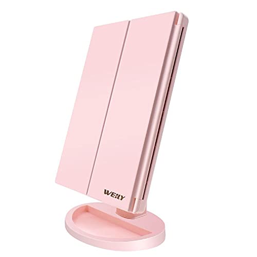 WEILY Makeup Mirror with 21 LED Lights,Two Power Supply Modes, Adjustable Touch Screen and 1x/2x/3x Magnification Tri-Fold Vanity Mirror, Gift for Women(Pink)